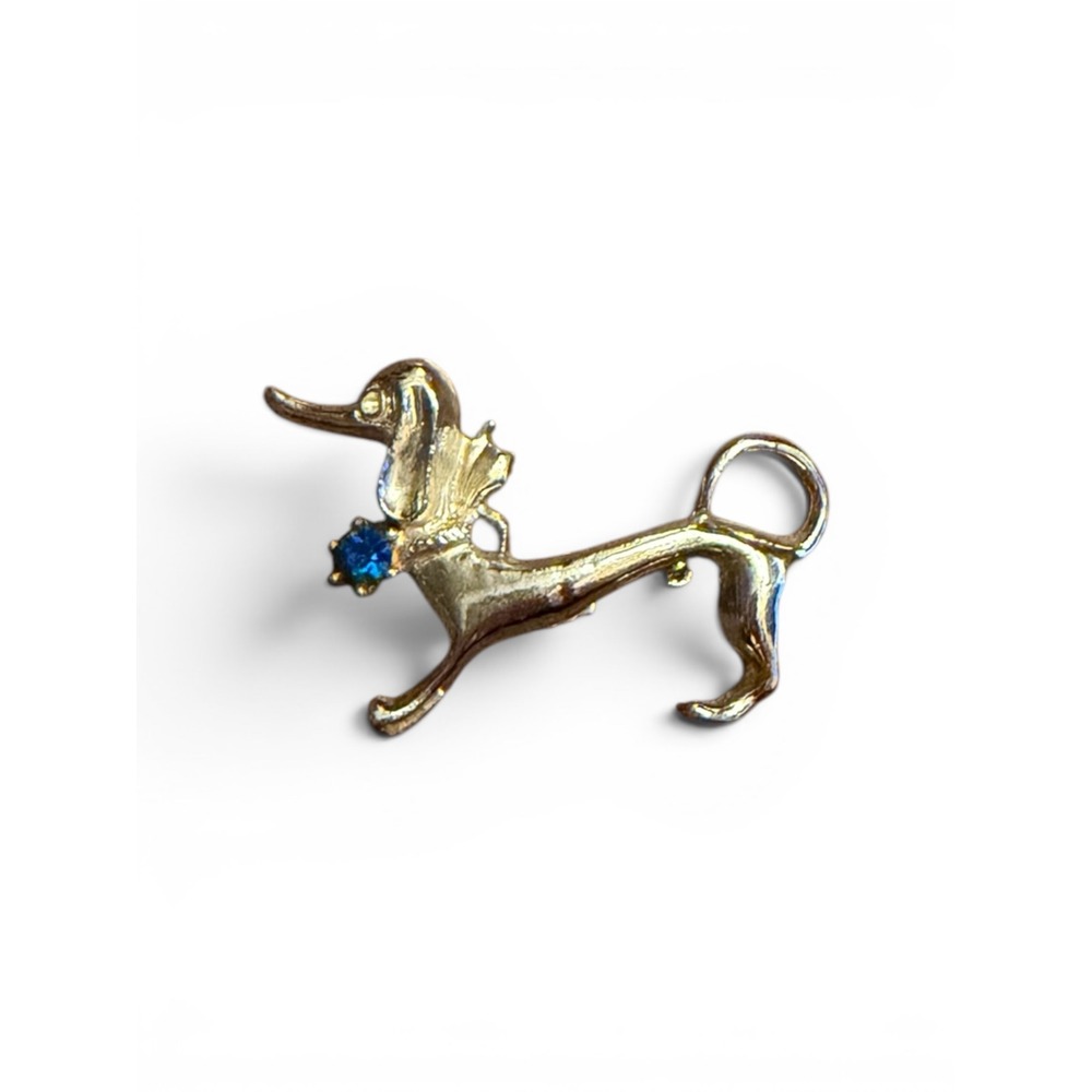 Woof Vtg 60s Gold Tone Dachshund Dog Brooch Blue‎ Rhinestone Animal Pin 2 Inch